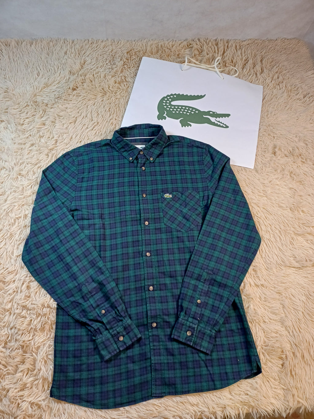 Chemise Lacoste à motif damier bleu et vert - Taille  M  Regular Fit